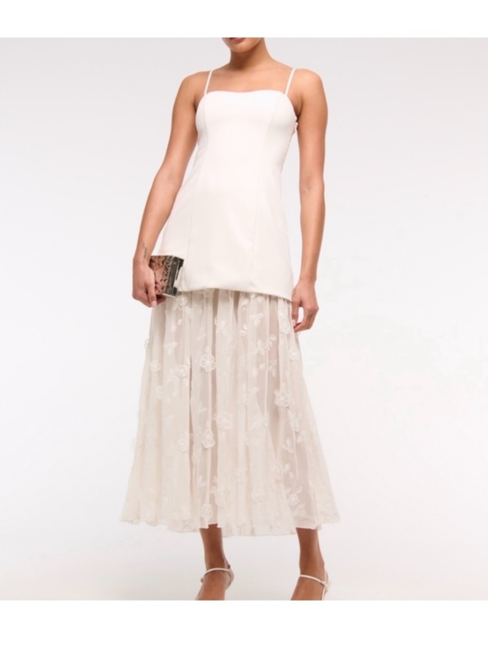Women’s Cream Lace Midi dress - Elegant Floral Overlay